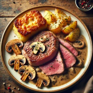 escalope de veau rosé avec jambon sec, sauce aux champignons, et gratin de pommes de terre au cantal